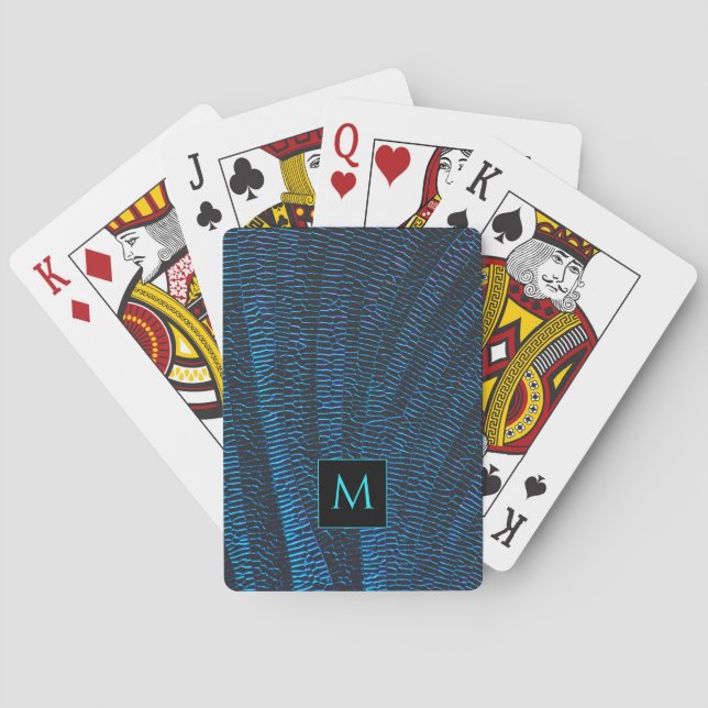 Shiny metallic vibrant blue abstract Monogram Playing Cards (Back)