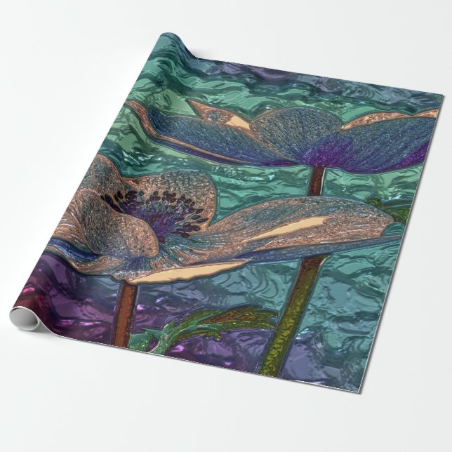Shiny metallizer blue flower glass gift paper (Unrolled)