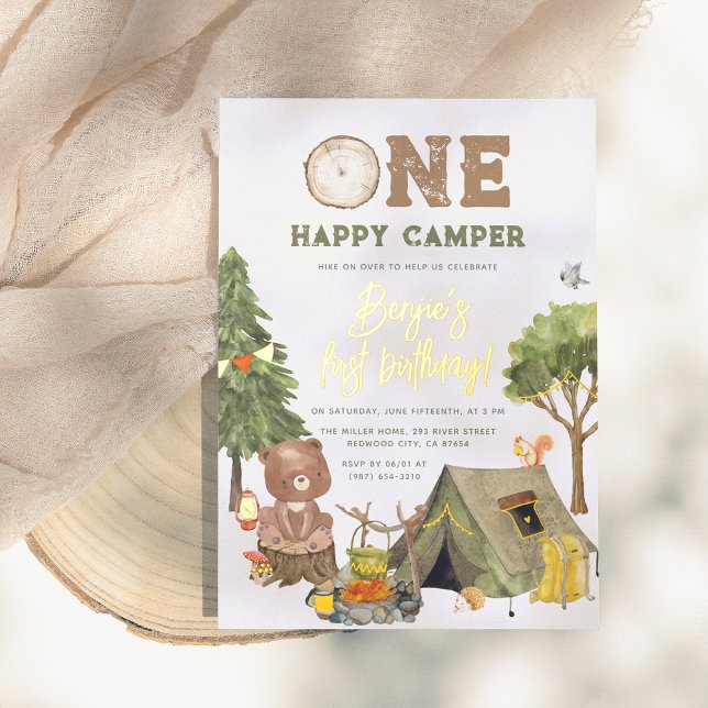 Shiny One Happy Camper Wood Bear Boy 1st Birthday (Creator Uploaded)