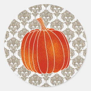 Shiny Orange Autumn Pumpkin Burlap White Damask Classic Round Sticker