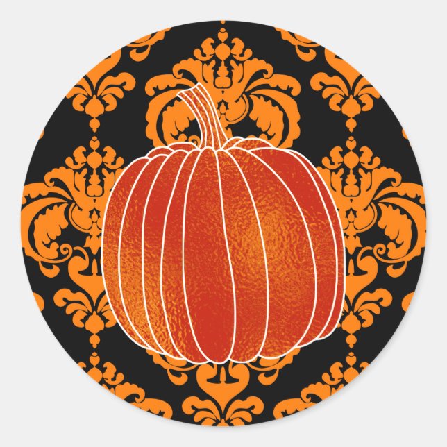 Shiny Orange Autumn Pumpkin Orange Black Damask Classic Round Sticker (Front)