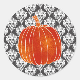 Shiny Orange Autumn Pumpkin White Grey Damask Classic Round Sticker