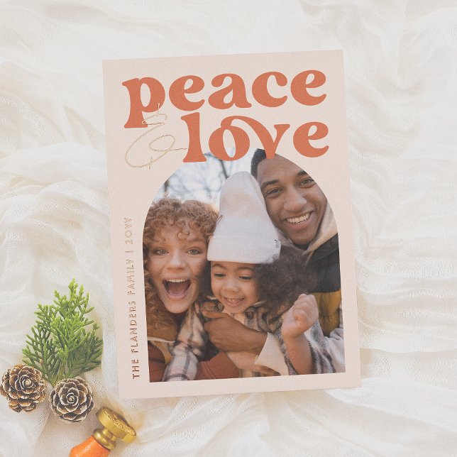 Shiny Peace Love Retro Groovy Arch Christmas Photo Foil Holiday Card (Creator Uploaded)