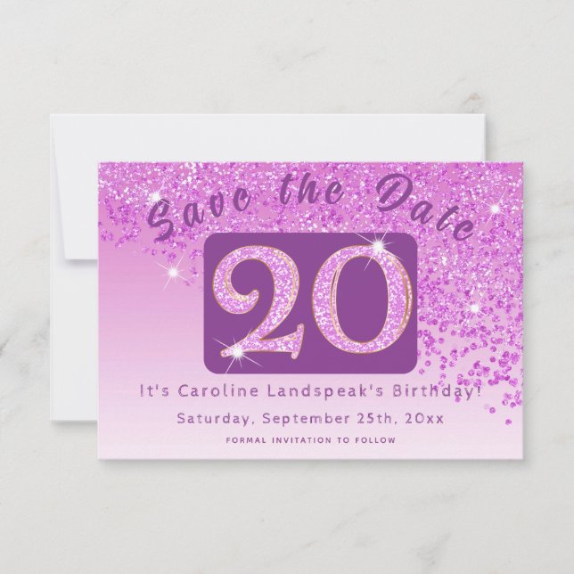 Shiny Pink Glitter for 20th Birthday  Save The Date (Front)
