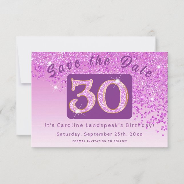 Shiny Pink Glitter for 30th Birthday  Save The Date (Front)