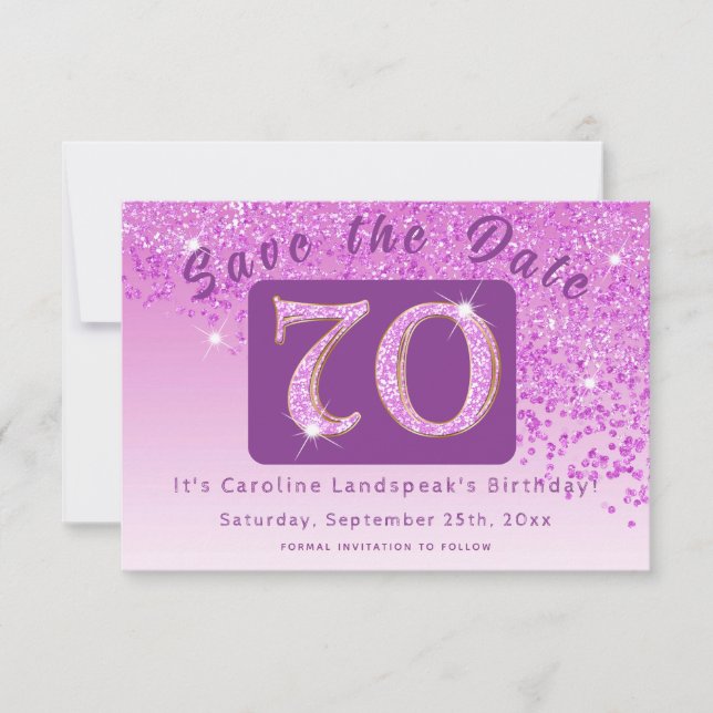Shiny Pink Glitter for 70th Birthday Save The Date (Front)