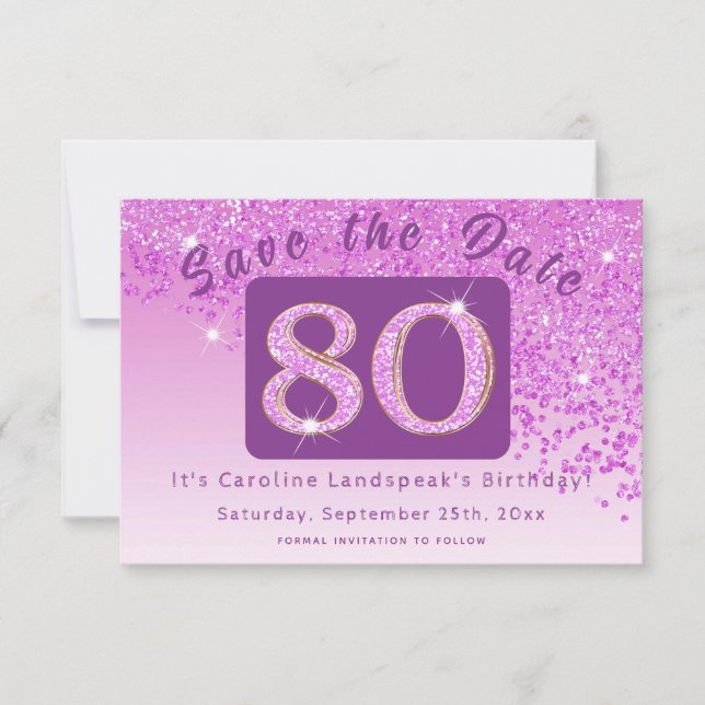 Shiny Pink Glitter for 80th Birthday Save The Date (Front)