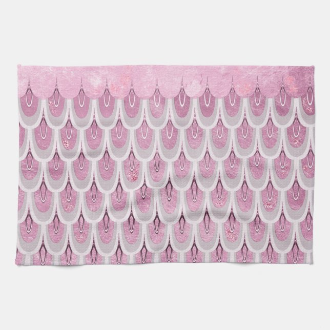 Shiny Pink Glitter Mermaid Fish Scales Kitchen Towel (Horizontal)