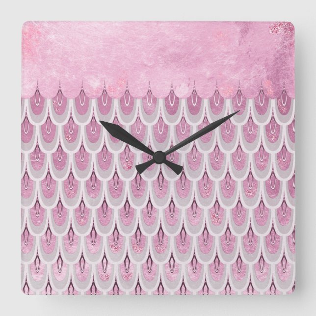 Shiny Pink Glitter Mermaid Fish Scales Square Wall Clock (Front)