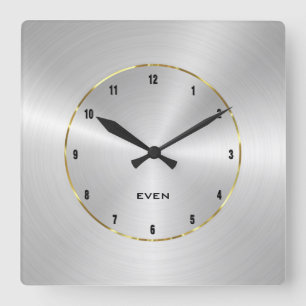 Shiny polished metallic silver with gold circle square wall clock