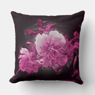 Shiny Porcelain flowers of fuchsia on black Throw Pillow