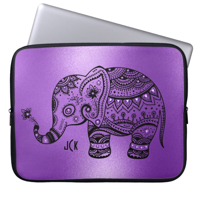 Shiny Purple Background Black Tribal Elephant Laptop Sleeve (Front)