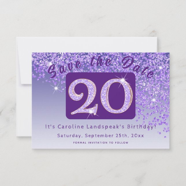 Shiny Purple Glitter for 20th Birthday  Save The Date (Front)