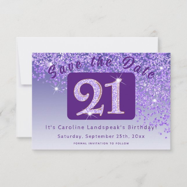 Shiny Purple Glitter for 21st Birthday  Save The Date (Front)