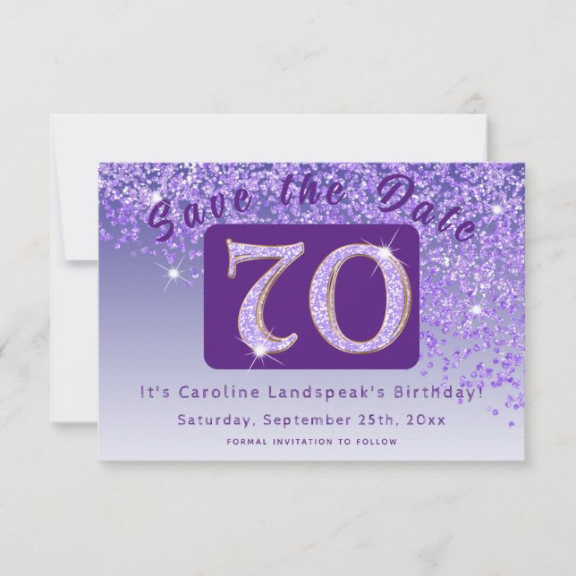Shiny Purple Glitter for 70th Birthday Save The Date (Front)