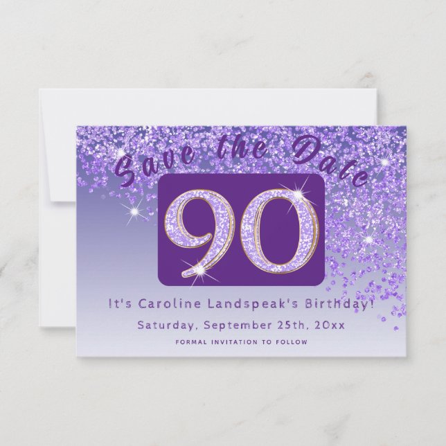 Shiny Purple Glitter for 90th Birthday Save The Date (Front)