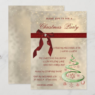 Shiny,Red Bow,Tree,Balls Corporate Christmas Party Invitation