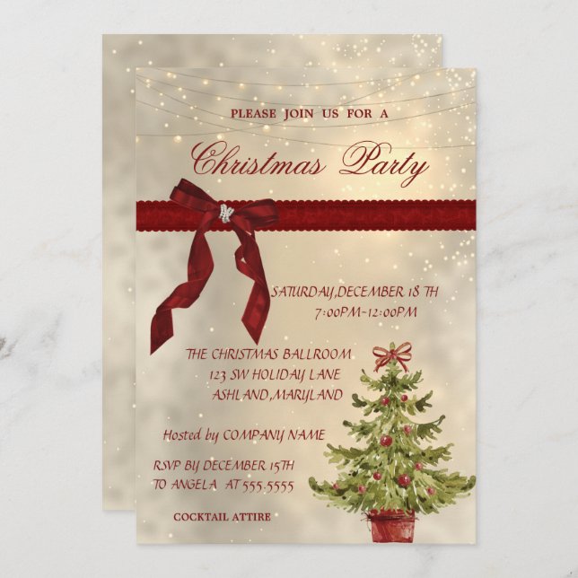 Shiny, Red Bow,Tree Corporate Christmas Party Invitation (Front/Back)