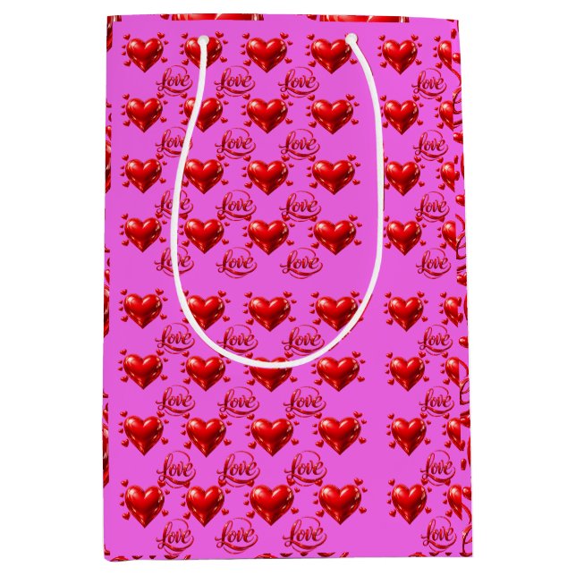 Shiny Red Hearts and Love Script Romantic Pink Wra Medium Gift Bag (Front)