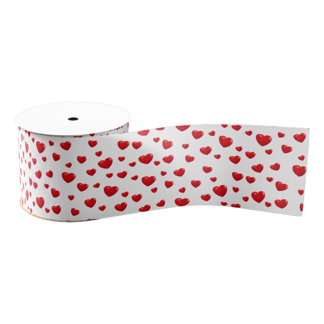 Shiny Red Hearts On White Grosgrain Ribbon (Spool)