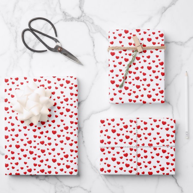 Shiny Red Hearts On White Wrapping Paper Sheet (Front)