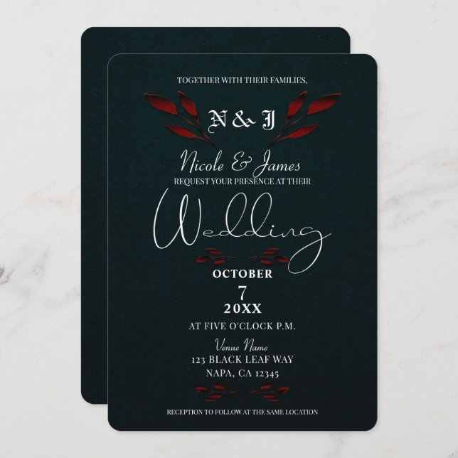 Shiny Red Leaves Black Modern Glam Gothic Wedding Invitation (Front/Back)