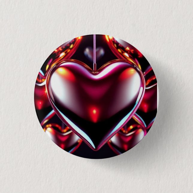 Shiny Red Metallic Heart 1 Inch Round Button (Front)