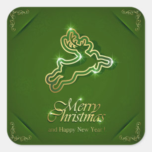 Shiny Reindeer on Ornamental Green Background Square Sticker