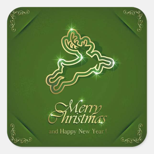 Shiny Reindeer on Ornamental Green Background Square Sticker (Front)