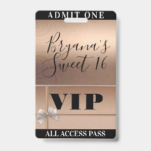 Shiny Rose Gold & Bow Sweet 16 Party VIP Pass Badge