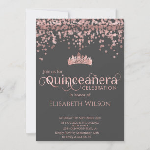 Shiny rose gold confetti tiara Quinceañera grey Invitation
