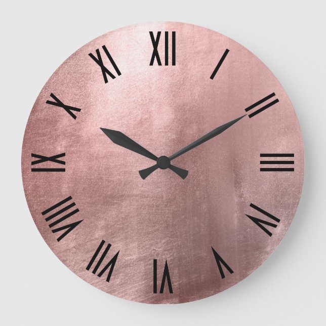 Shiny Rose Gold Faux Foil Black Roman Numerals Large Clock (Front)
