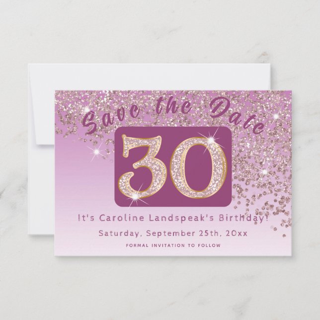Shiny Rose Gold Glitter for 30th Birthday  Save The Date (Front)