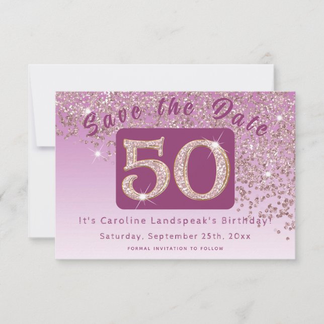 Shiny Rose Gold Glitter for 50th Birthday Save The Date (Front)