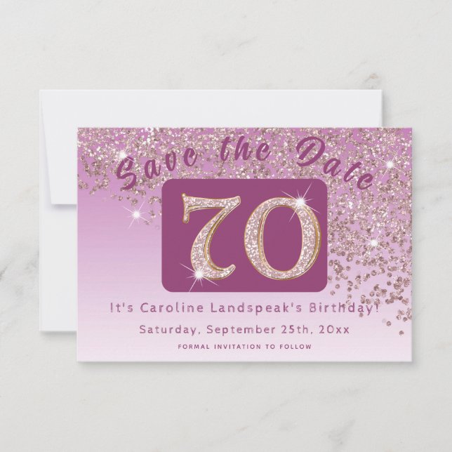 Shiny Rose Gold Glitter for 70th Birthday Save The Date (Front)