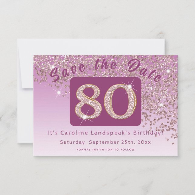 Shiny Rose Gold Glitter for 80th Birthday Save The Date (Front)
