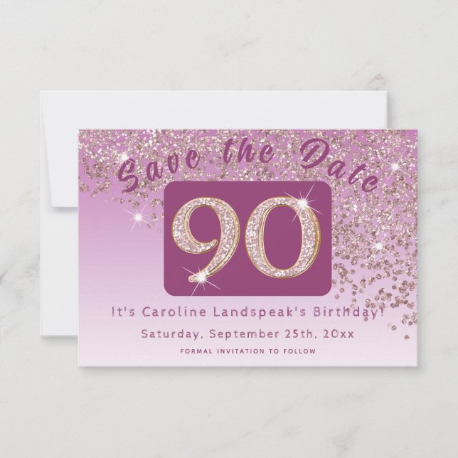 Shiny Rose Gold Glitter for 90th Birthday Save The Date (Front)