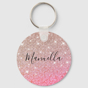 Shiny Rose Gold Pink Glitter Custom Name Monogram Keychain