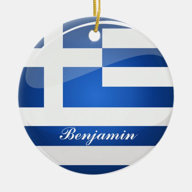 Shiny Round Greece Flag Ceramic Ornament (Front)