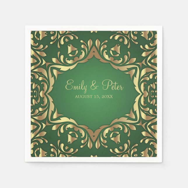 Shiny Royal Faux Gold Ornaments On Emerald Green  Napkin (Front)