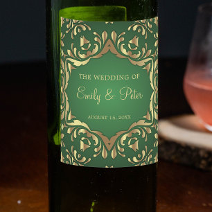 Shiny Royal Faux Gold Ornaments On Emerald Green Wine Label