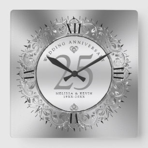 Shiny Silve Swirls Circle 25th wedding Square Wall Clock