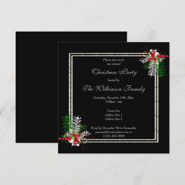 Shiny Silver & Black, Corner Decorations Christmas Invitation (Front/Back)