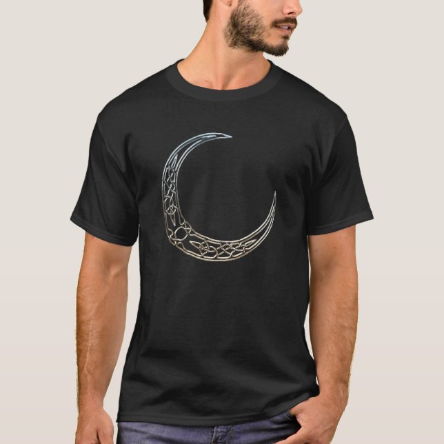Shiny Silver Celtic Crescent Moon T-Shirt (Front)