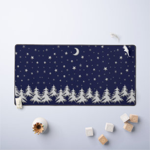 Shiny silver Christmas Tree and Stars on blue Desk Mat