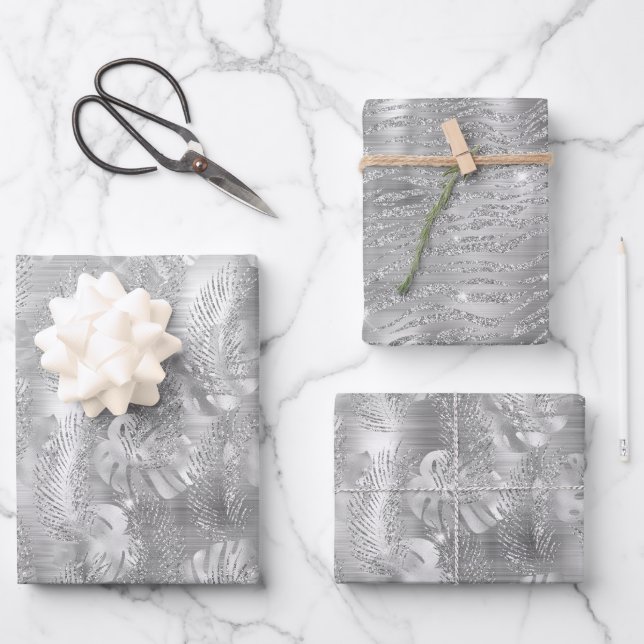 Shiny Silver Glam Animal Print Wrapping Paper Sheet (Front)