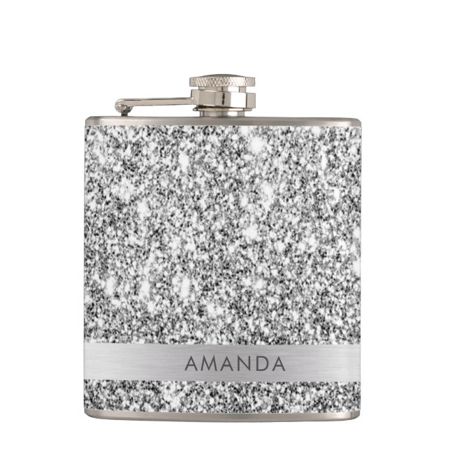 Shiny Silver Glitter Add Name Vinyl Wrapped Flask (Front)