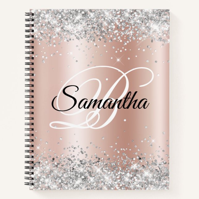Shiny Silver Glitter Pale Rose Gold Foil Monogram Notebook (Front)