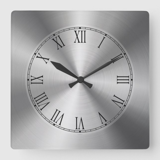 Shiny Silver Metallic Design-Stainless Steel Look Square Wall Clock (Front)