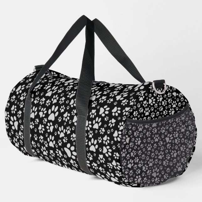 Shiny Silver Paws black Background Print Pattern Duffle Bag (Right Corner)